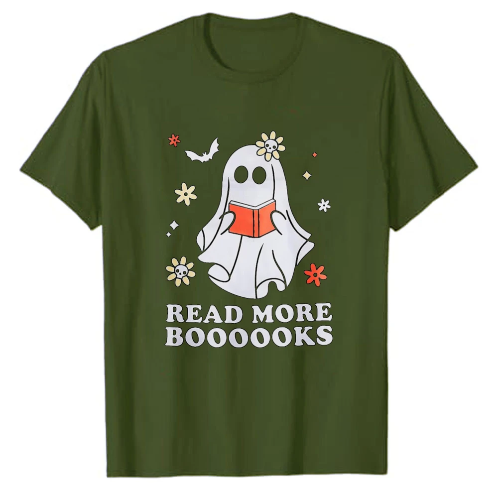 Read More Boooooks Reading Ghost Bat Floral Star Halloween Graphic T‑Shirt Funny Bookworm Slogan Print Tees Casual Cotton Tops