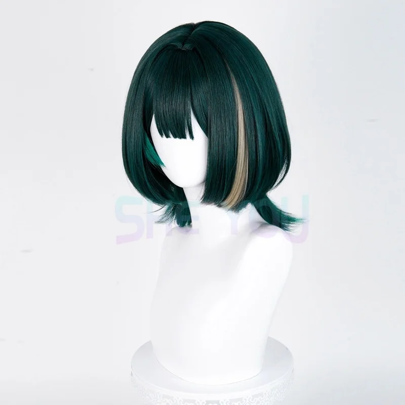 Parrucca cosplay Anime Nefer 36 cm con riflessi verdi parrucche per le donne parrucca cosplay capelli sintetici resistenti al calore Halloween + cappuccio parrucca