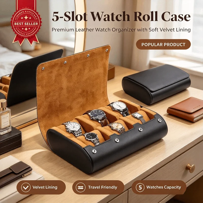 6 Slots Watch Roll Travel Case, Portable Wristwatch Storage Box for Watch Collection & Display Men Women