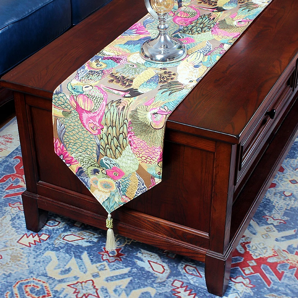 Exquisite Bird Embroidery Table Runner Yarn-dyed Lacquard Fabric  Tablecloth High Density Embroidery Table Cover Table Flag