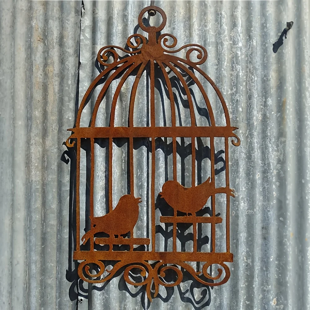 Rustic Craft Christmas 1pc Naturally Rusted Metal Bird Cage Statue Wall Decor, Can Be Bent by Hand, Suitable for Living Room