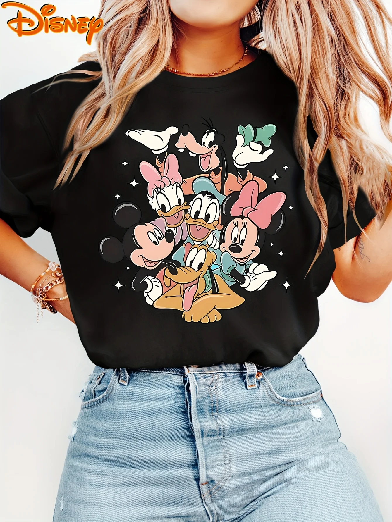 ديزني تي شيرت ميكي والأصدقاء مطبوعة الربيع/الصيف الخريف/الشتاء عادية مستديرة الرقبة تي شيرتات قصيرة الاكمام ريترو ستايل ديزني #2