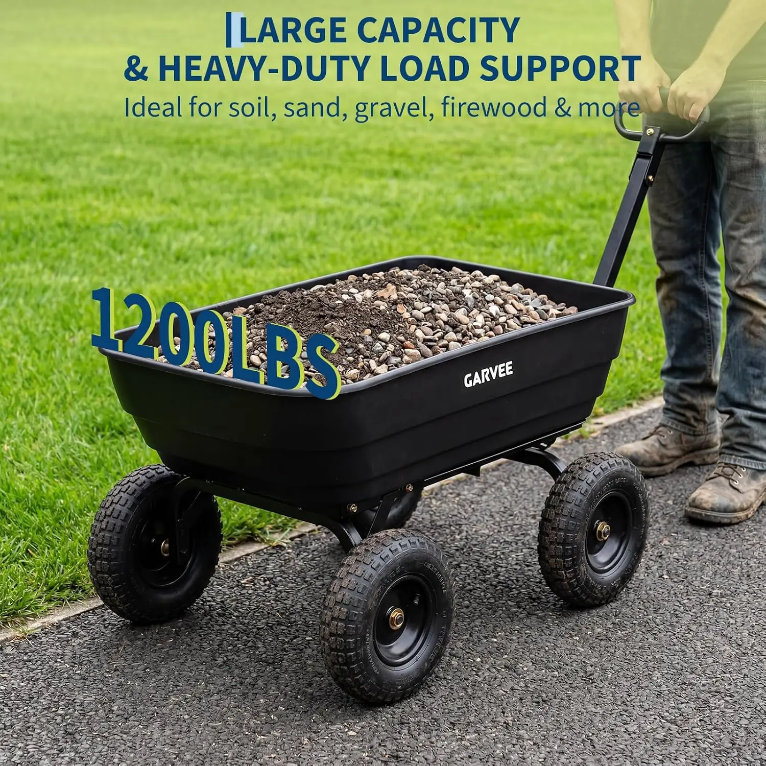 Garden Dump Cart 1200lb Heavy Duty Poly Wagon with Pneumatic Tires