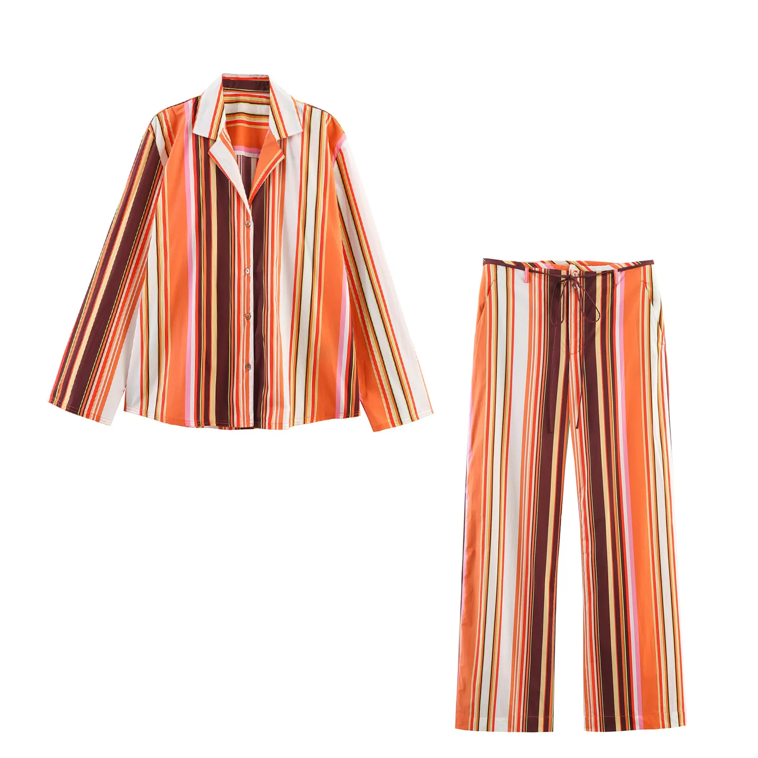 

High Waist Pants Two-Piece Set for Women Long Sleeve Fashion Stripe Shirt Stylish 2025 Women's Outfit