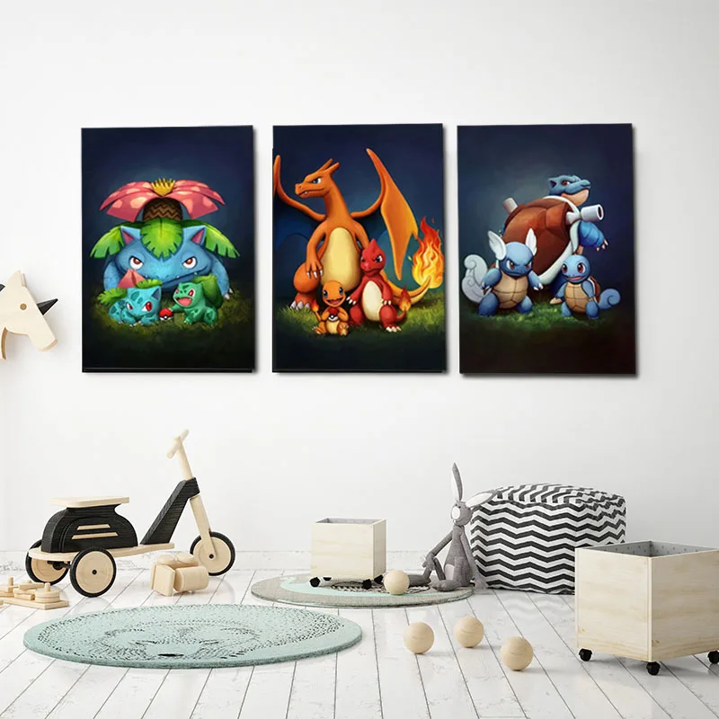 Classic Anime Pokemon Kawaii Bulbasaur Charmander Squirtl Evolution Poster Kids Bedroom Art Watercolor Pictures Canvas Painting