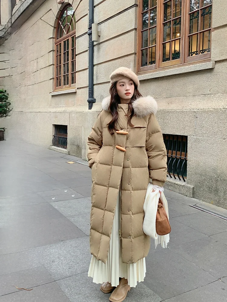 

Fleece Collar Hooded down Jacket Women's Medium Length Bull Horn 90% White Duck down Warm Thickened Long Sleeve Zipper Closure