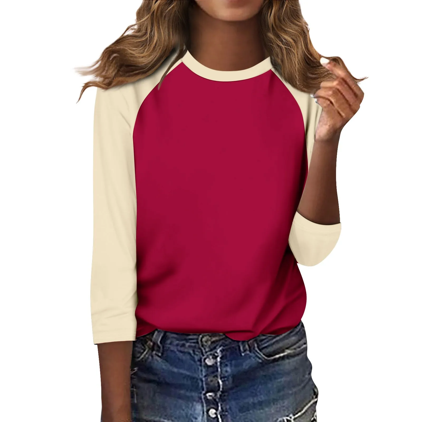 Girls' Fresh Fashion Casual Color Blocking Raglan Sleeve O-neck 3/4 Colourful Versatile Basic Shirt Summer Skinny Versatile Top