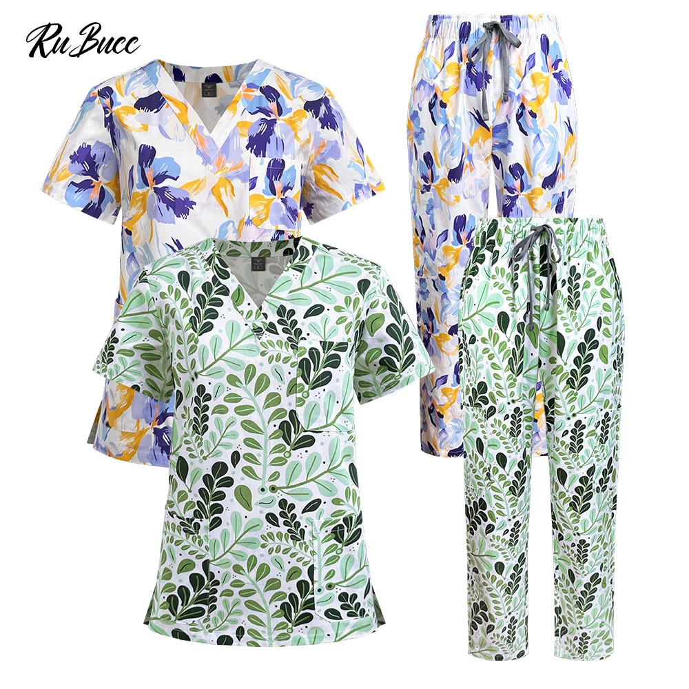 Gros fleur imprimé animal de compagnie médecin costume gommage ensemble femmes médecin dentaire vêtements de travail infirmière gommage ensemble hôpital médical chirurgical uniformes