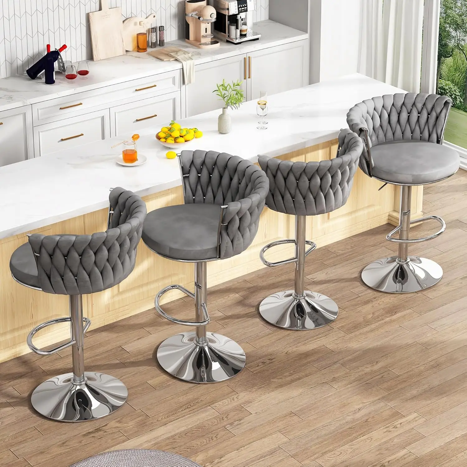 Velvet Bar Stools Set of 2, Modern Adjustable High Backrest Kitchen Counter Chairs, Grey