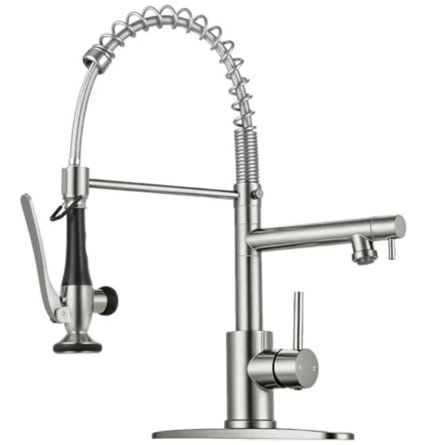 

Commercial Kitchen Faucet with Pull Down Sprayer - Brushed Nickel Single Handle 2-Spout Stainless Steel Spring Pull Out Sink Fa