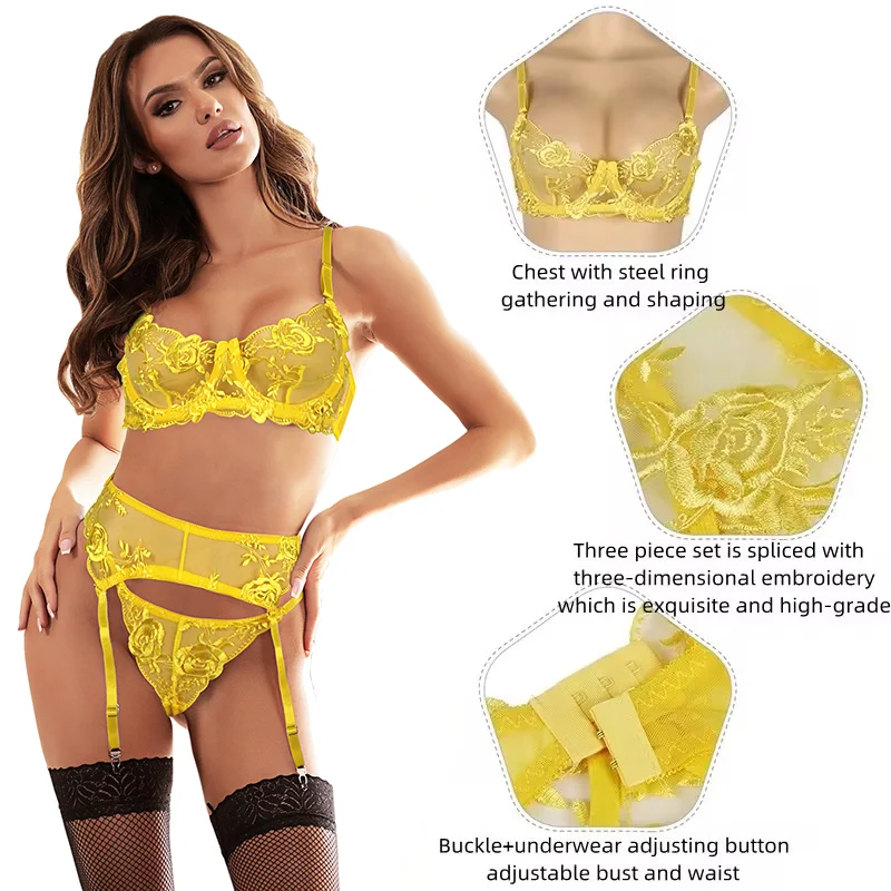 Ohyeahlady Exquisite Embroidery Bra Sets Plus Size Sexy See Through Underwear Panties Mesh 3 Pcs Garter Lingerie Briefs Outfits