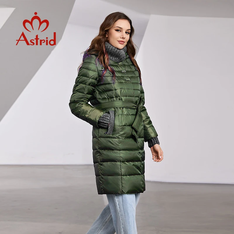 Astrid Women\'s Winter Jacket Hooded Fashion Knitted Wool Spliced Design Belt Long Parkas Warm Thick Padding Puffer Quilted Coat