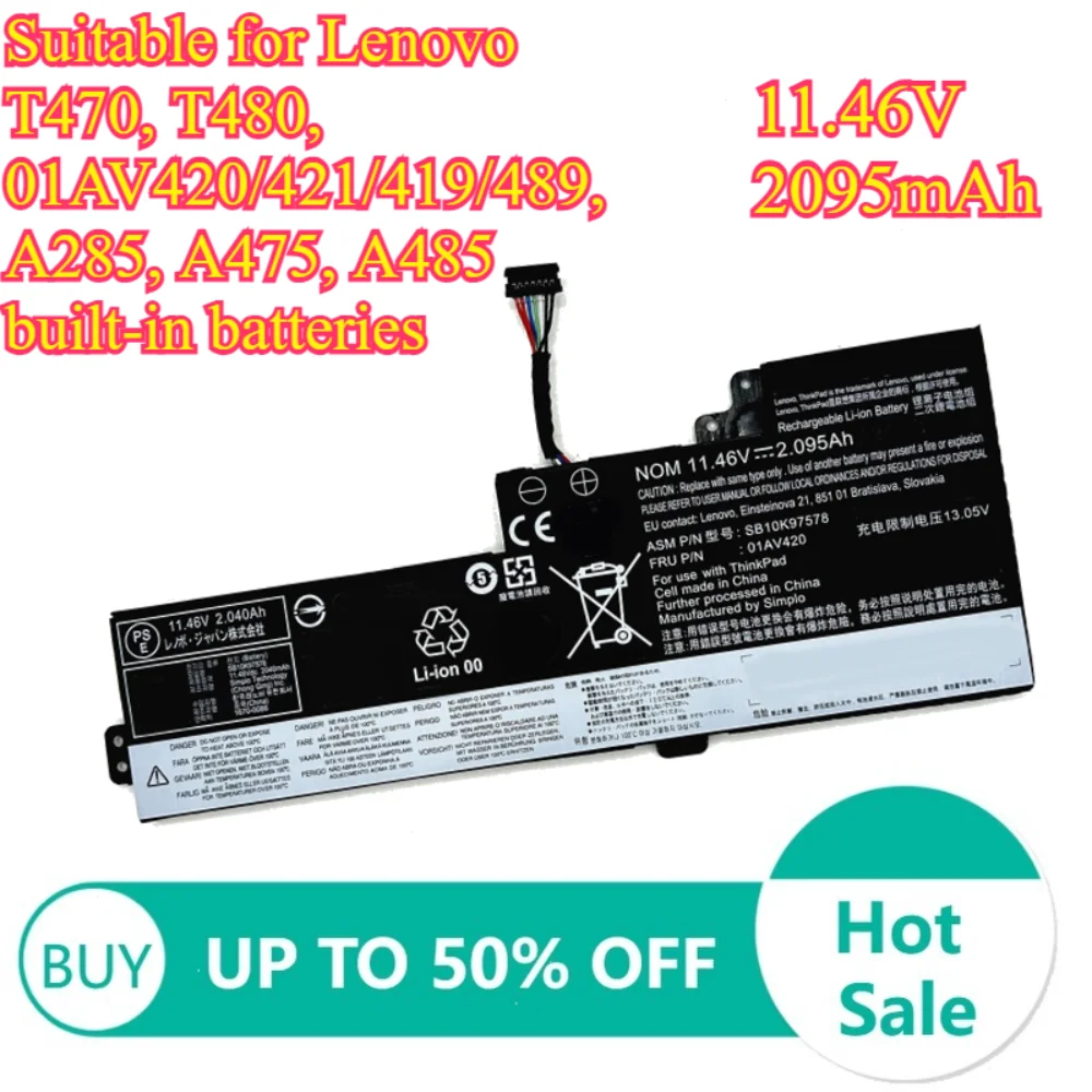 

01AV421 11.46V 2095mAh Suitable for Lenovo T470, T480, 01AV420/421/419/489, A285, A475, A485 batteries