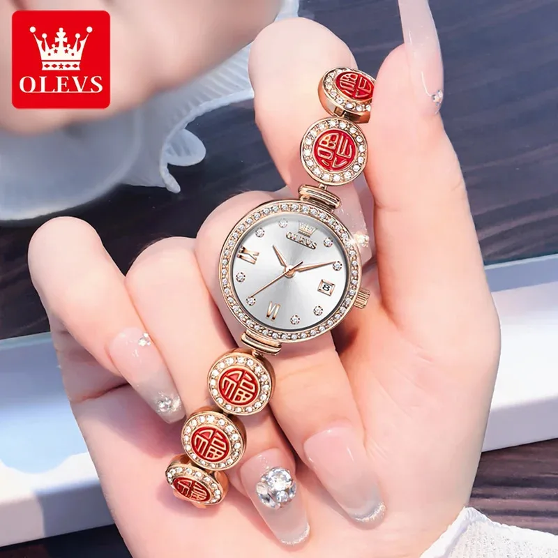 

OLEVS 5630, женские кварцевые часы из нержавеющей стали, водонепроницаемые, роскошные, красный браслет с благословением, элегантные деловые часы