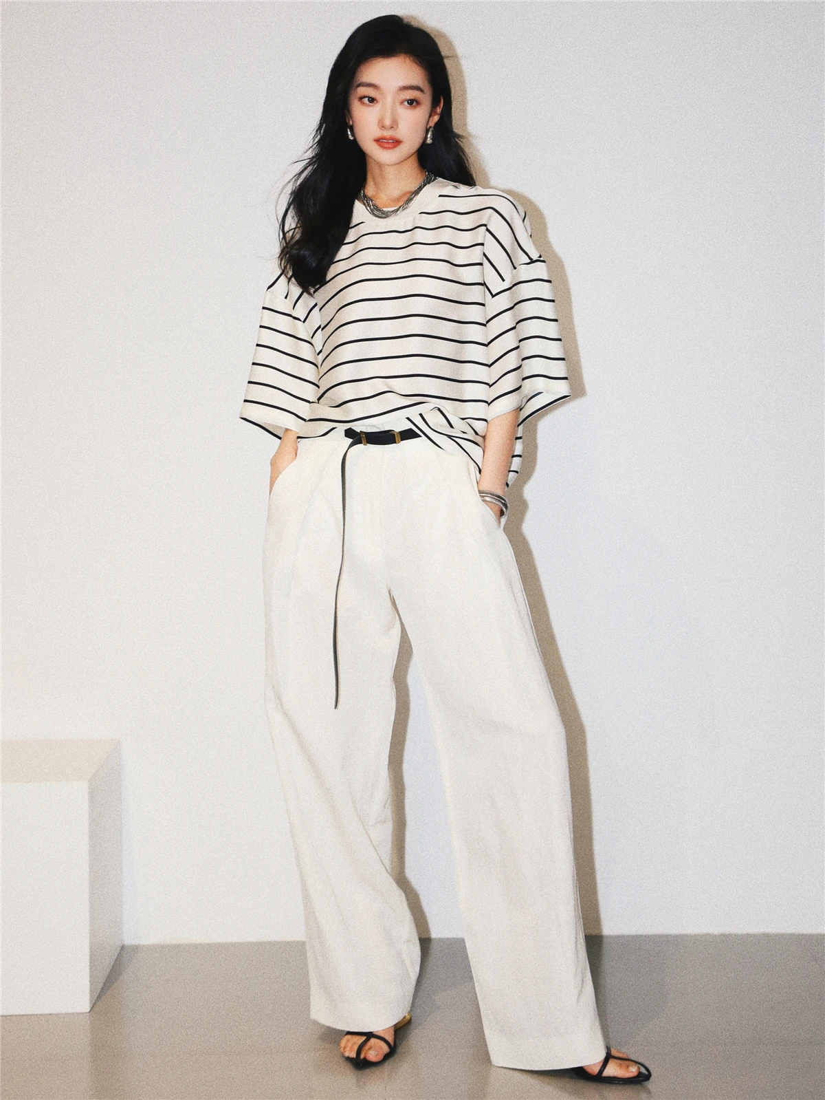 Camiseta holgada de seda ort Sve para mujer, Top redondo acanalado con estampado de rayas, novedad de otoño