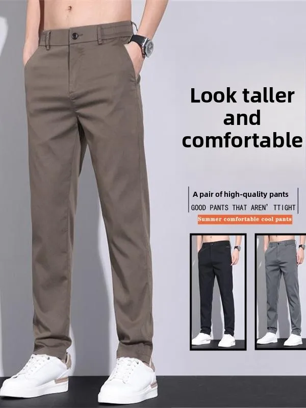 

New 2025 Men's Summer Ice Silk Thin Straight Leg Elastic Slim Qui Dry Versatile Busin Casual Pants Breathable Faionable