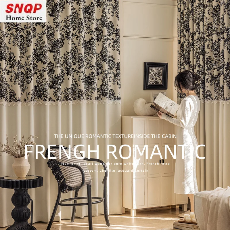 

French Vintage Chenille Print Luxury Curtains For Living Room Bedroom Blackout Arbutus Tree Cream Lace Stitching Tulle