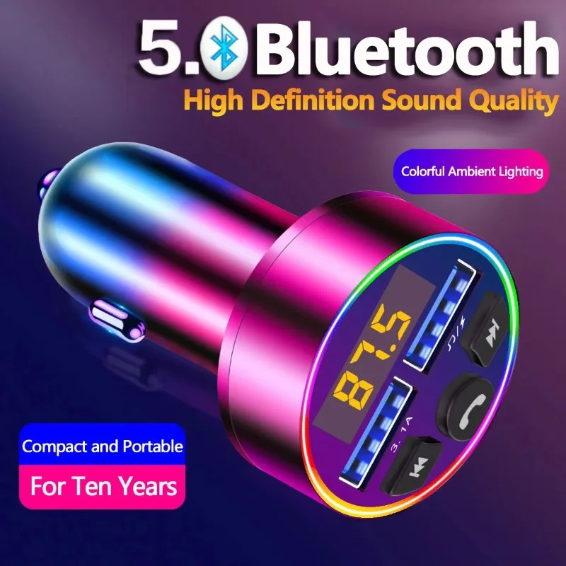 Color LED Ambient Light Car FM Transmitter Bluetooth 5.0 Dual USB Fast Charging Hands Free Call MP3 Player Cigarette Lighter
