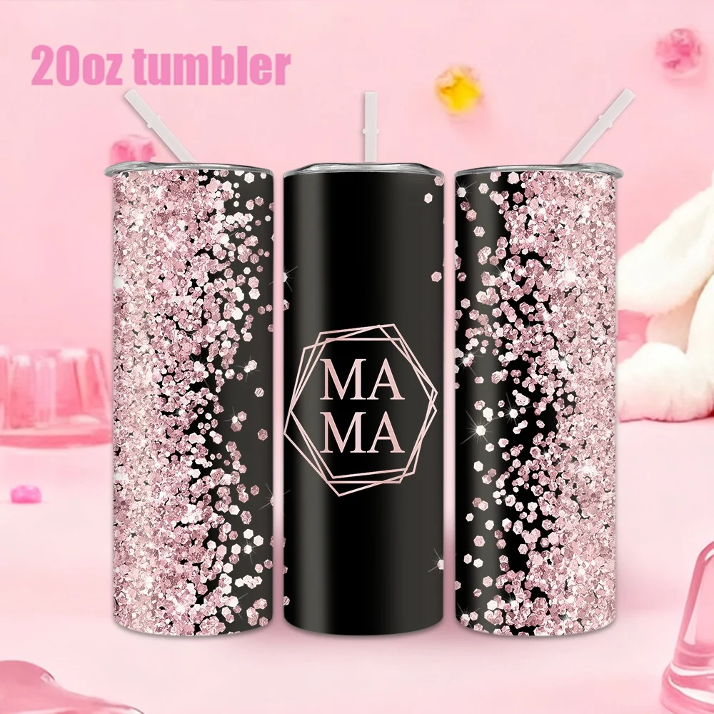 1pc 20oz straw water bottle, insulated stainless steel water cup with pink diamonds surrounding the MAMA logo.