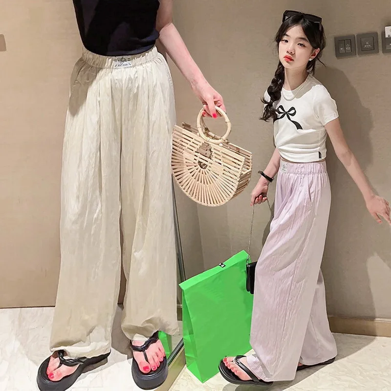 Summer Ice Silk Girls Mosquito Proof Panst Kids 2025 Casual Solid Trousers Children Mid Elastic Waist Drawstring Wide Leg Pants