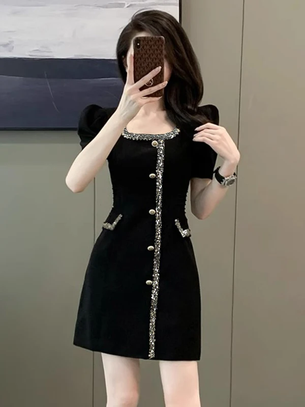 Bla Slim Fit Bubble Sve Dr Women's Summer High End Luxury Faion Square Collar Dr Ele Busin Ci Commute