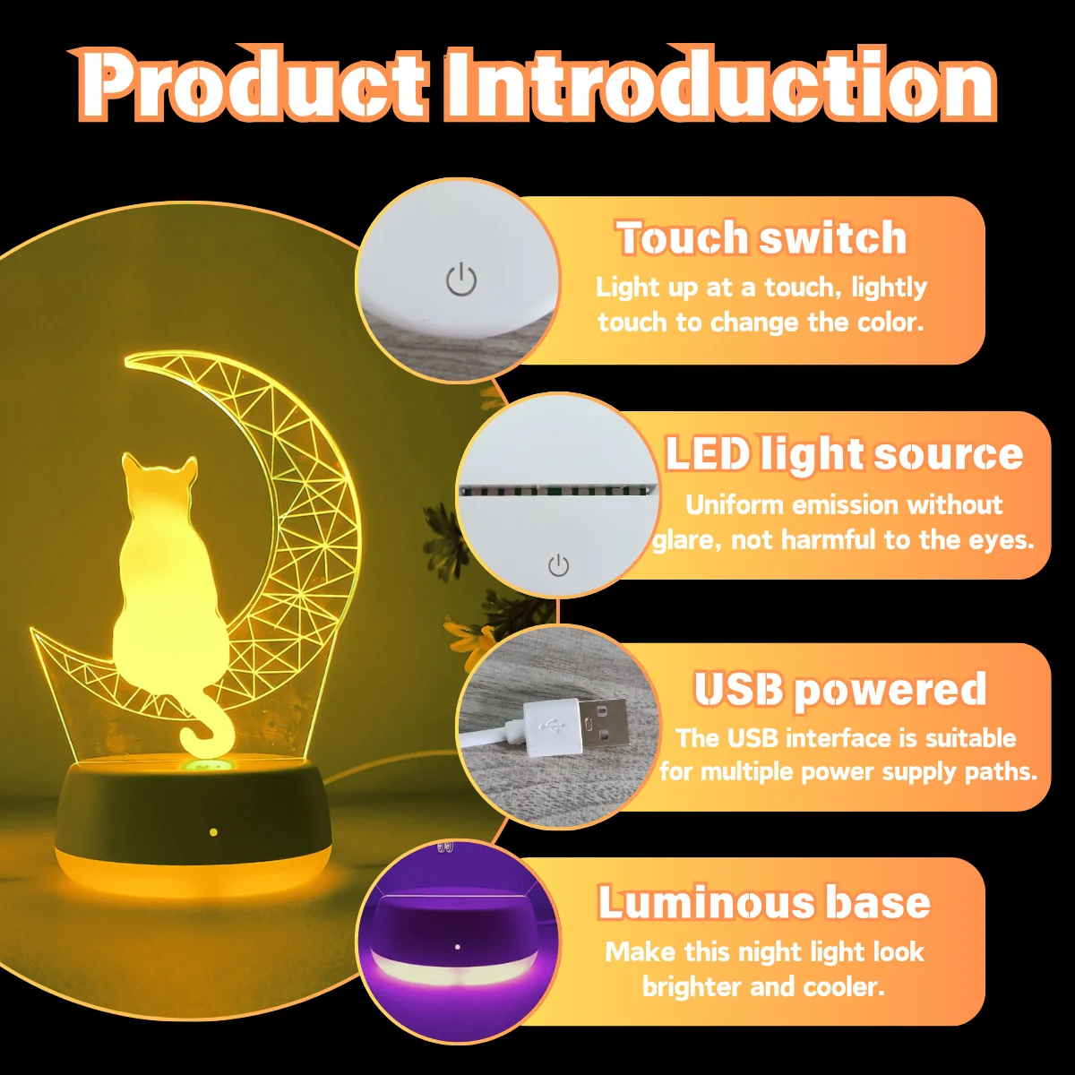 1pc 달의 고양이 3D 야간 조명, USB 전원, 침실 및 거실에 적합, 터치 스위치, 7가지 색상 변경.