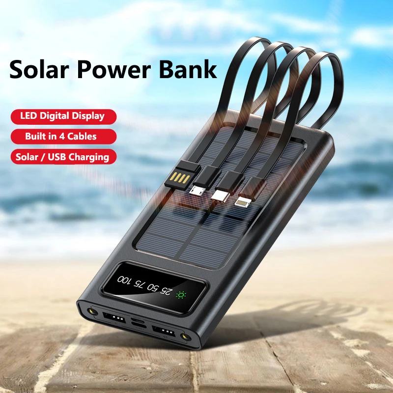 

10000mAh Solar Power Bank Built in 4 Cable for Xiaomi Powerbank Portable Charger External Battery Pack for iPhone Samsung Huawei