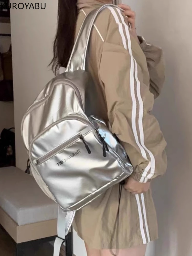 

Silver Backpack Women College Students Travel Schoolbag Waterproof Lightweight Nylon Large Capacity Commuting Shoulder Backpacks