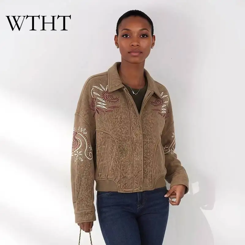 WTHT Chaqueta vaquera vintage 2026 para mujer con bordado pesado, diseño de dobladillo elástico, imitación de ante, solapa moderna y manga larga 1LS3148