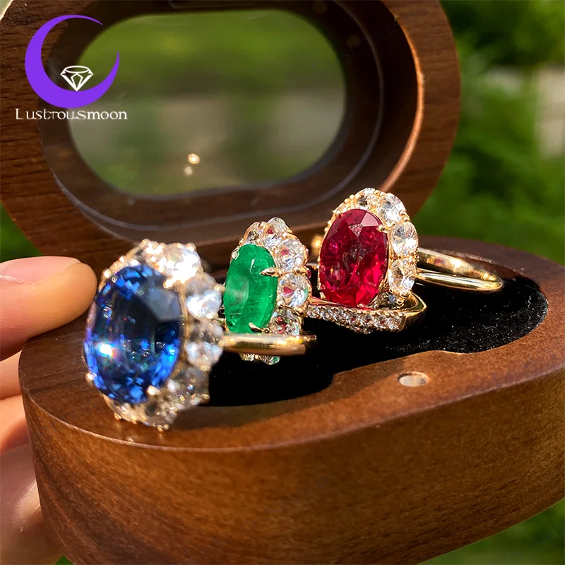 

9K Yellow Gold Lab Grown Gems Colombian Emerald Labs Ruby Sapphire Rings Oval Cut Engagement Anniversary Gift for Woman IN Stock