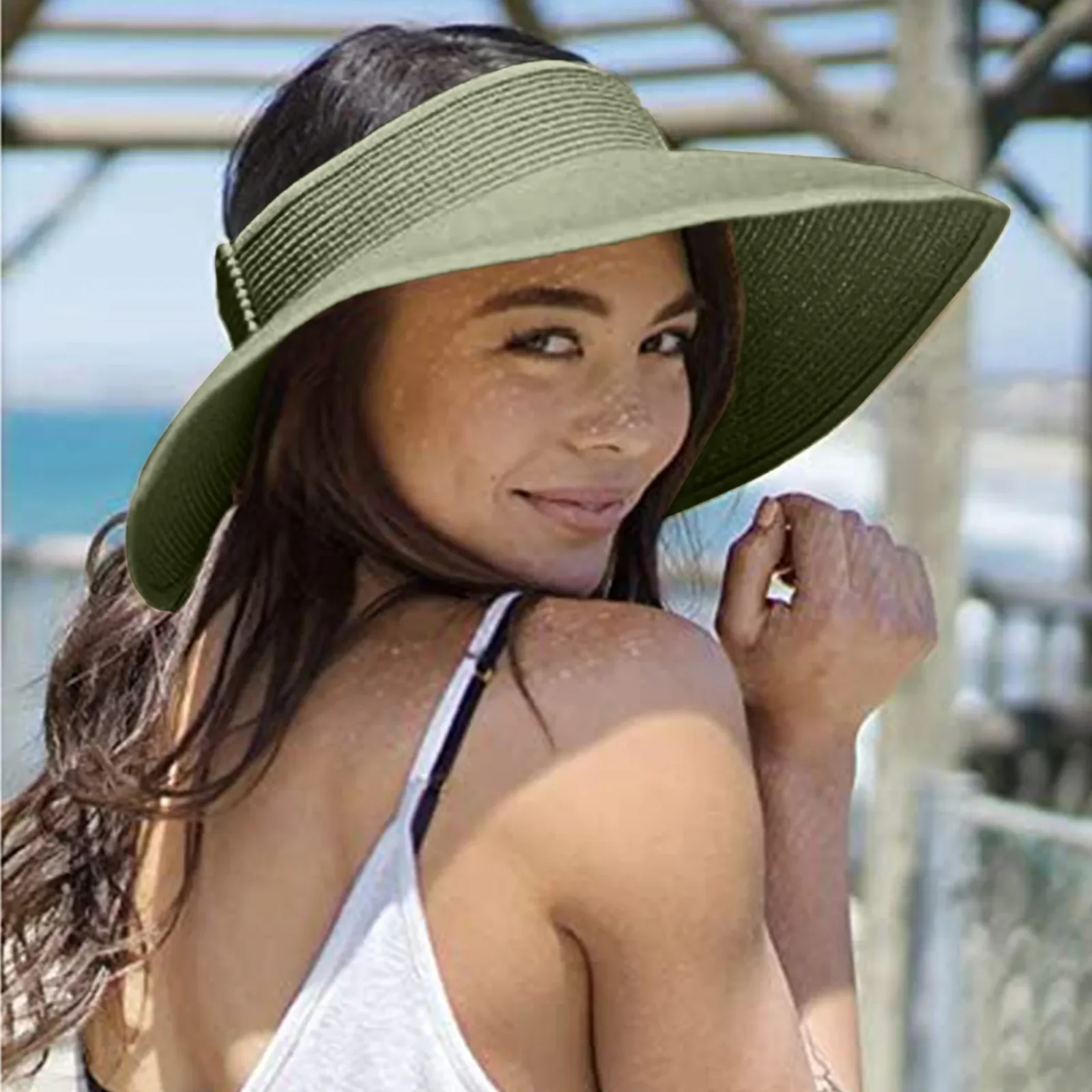 

2021 Summer Folding Empty Top Hat Straw Hat Sun Hat Beach Cap UV Protective Sunshade Sun Cap Panama Women's Straw Cap