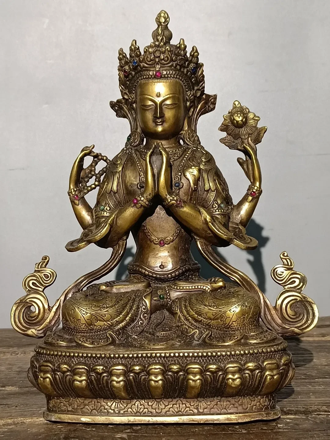 Tibetan Old Yellow Copper Pure Copper Inlaid Gemstone Four Arm Avalokitesvara Statue Decoration Home Buddhist Hall Supp