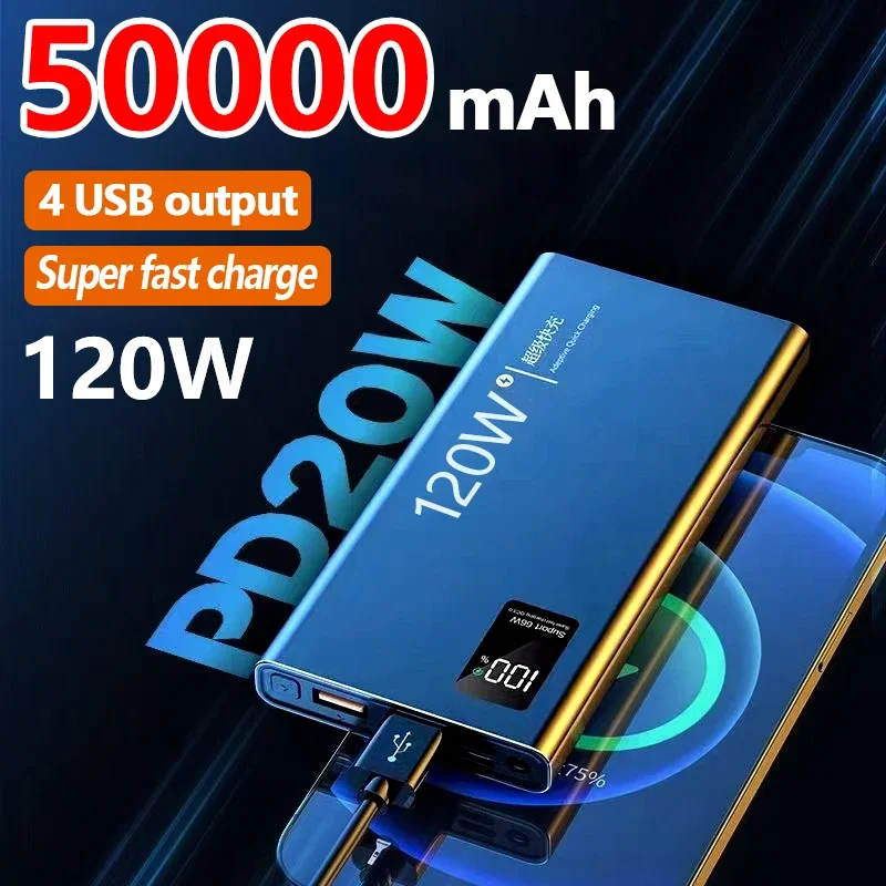 

50000mAh Power Bank 120W Super Fast Charging 100% Sufficient Capacity Portable Battery Charger Digital Display For iPhone Xiaomi