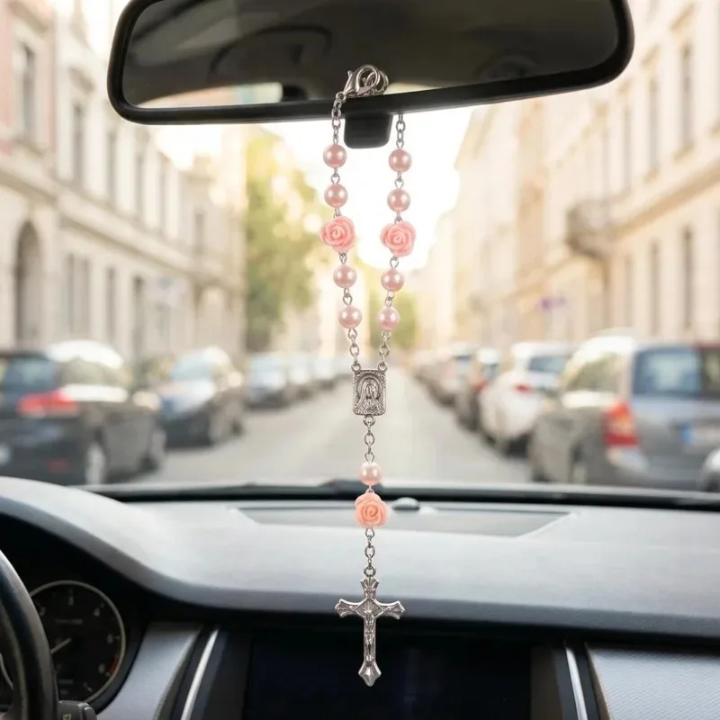 1/4pcs Car Steering Wheel Decoration Piece A Simple Pink Rose Cross Creative Prayer Beads Car Hanging Pendant Accessories