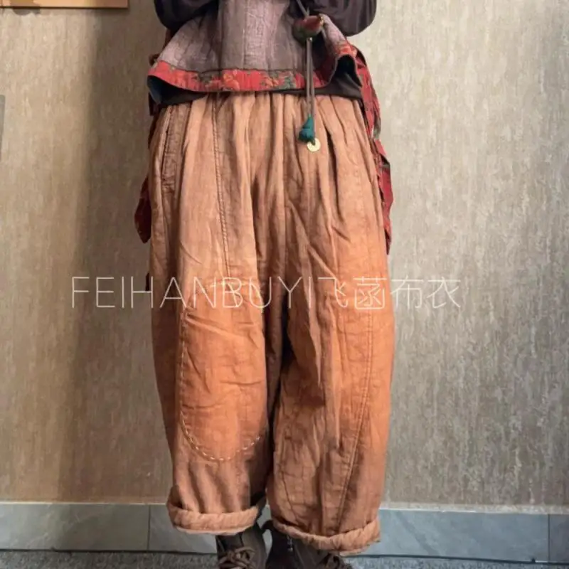 กางเกงขายาวทรงฮาเร็มสไตล์วินเทจผ้าฝ้ายลินินเนื้อหนาอุ่นสำหรับผู้หญิงเอวยางยืดทรงหลวมความยาวระดับข้อเท้าคุณภาพสูงสำหรับฤดูใบไม้ร่วงและฤดูหนาว