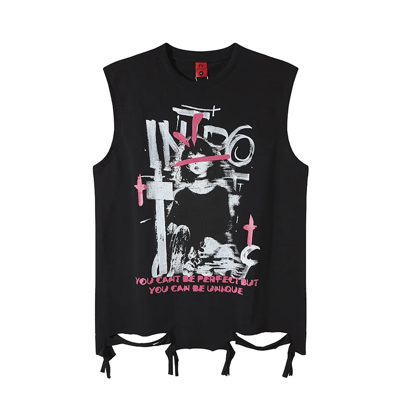 

2025 Summer Oversized Ripped Cut Tank Tops Baggy Street Wear Cartoon Printed Tshirts Sleeveless Tops Tees Hole Man Tshirt Cotton