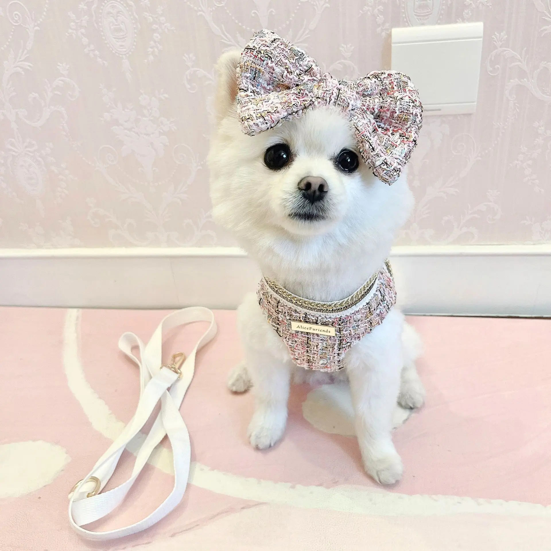 Princess Dog Clothes Tweed Harness With Leash Puppy Classic Clothes Chest Strap Vest With Bowknot For Small Dog
