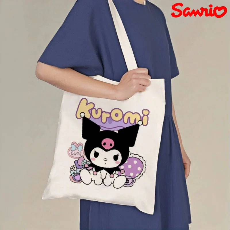 

1pc Sanrio Kuromi Cute Canvas Tote Bag, "Kuromi" Print Casual Shoulder Bag, Eco-friendly Reusable Handbag