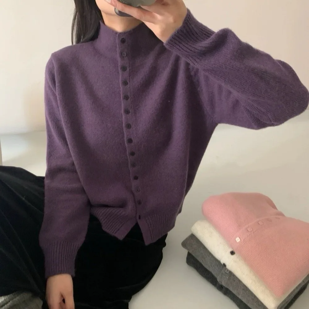 Round Neck Cashmere Sweater Single Breasted Stand-Up Collar Knit Cardigan Long Sleeve Loose Fit Solid Knitted Outerwear