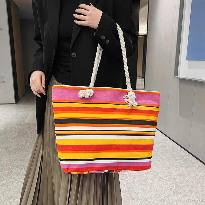 National Wind Tote Bags Large Capacity Canvas Shopping Bag Striped Thick Rope Small Shoulder Underarm Bag Work Handbag For Women