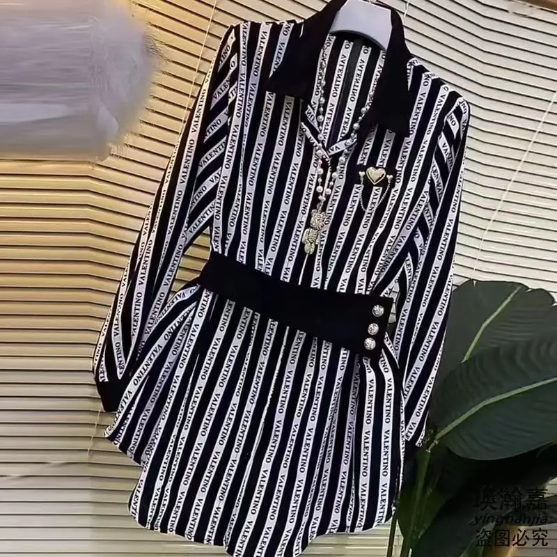 Women Korean Fashion Letter Striped Print Shirts Office Lady Business Casual Elegant Blouses Long Sleeve Tunic Tops Loose Blusa