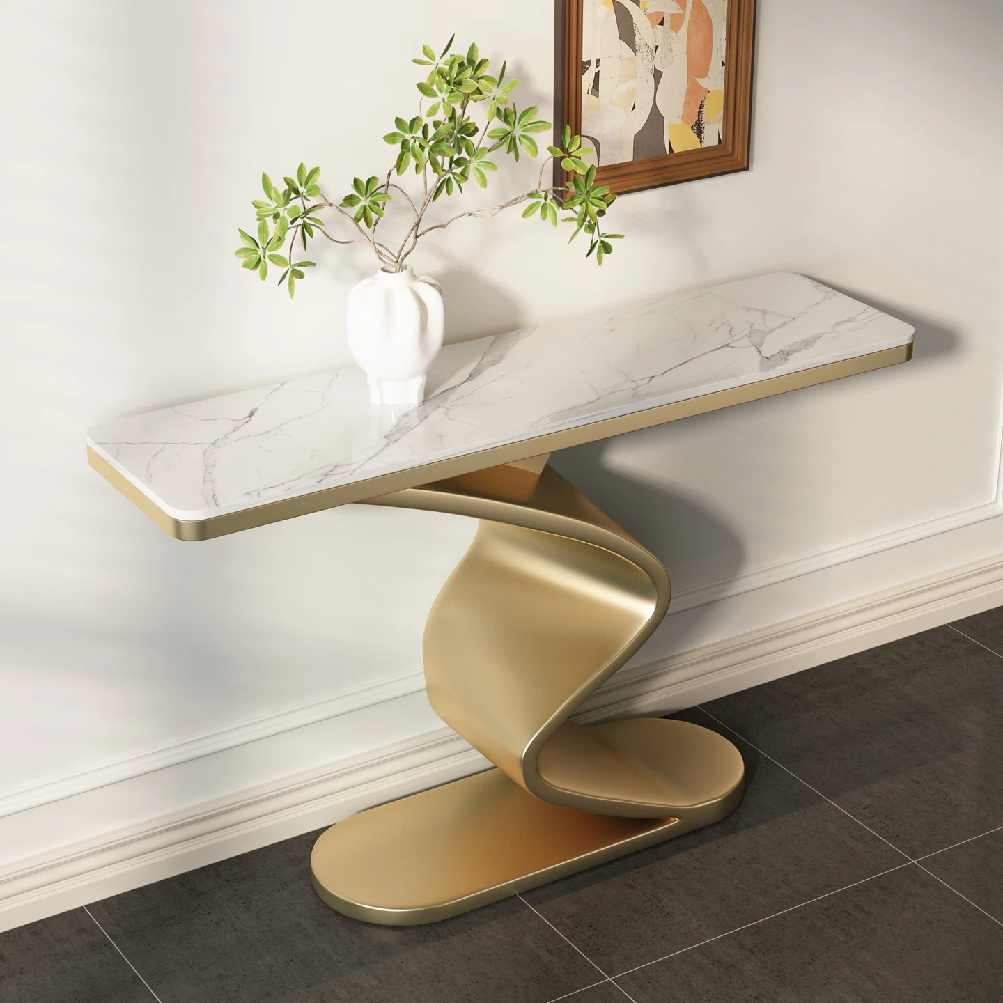xx-Modern Console Table with Twisted Metal Base and Marble Top Stylish Entryway Table^