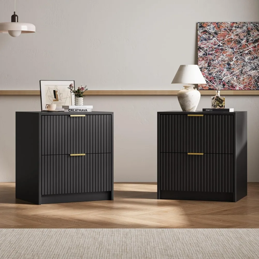Pair of Decorative Nightstands with Fluted Design, Modern Drawer Storage Bedside Tables featuring Gold Metal Handles, Wooden End