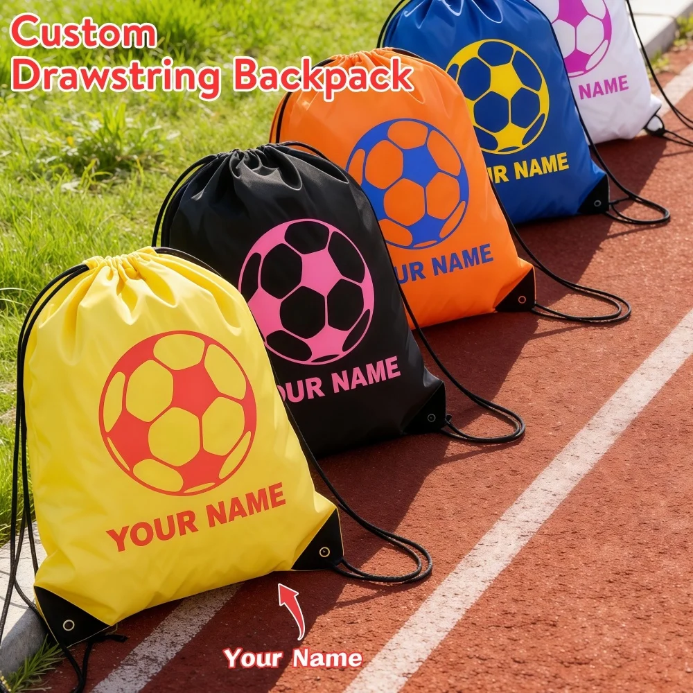 Custom Name Soccer Drawstring Backpack Reinforced Corner Polyester Gym Sack Personalized Football Sports Bag for Kids