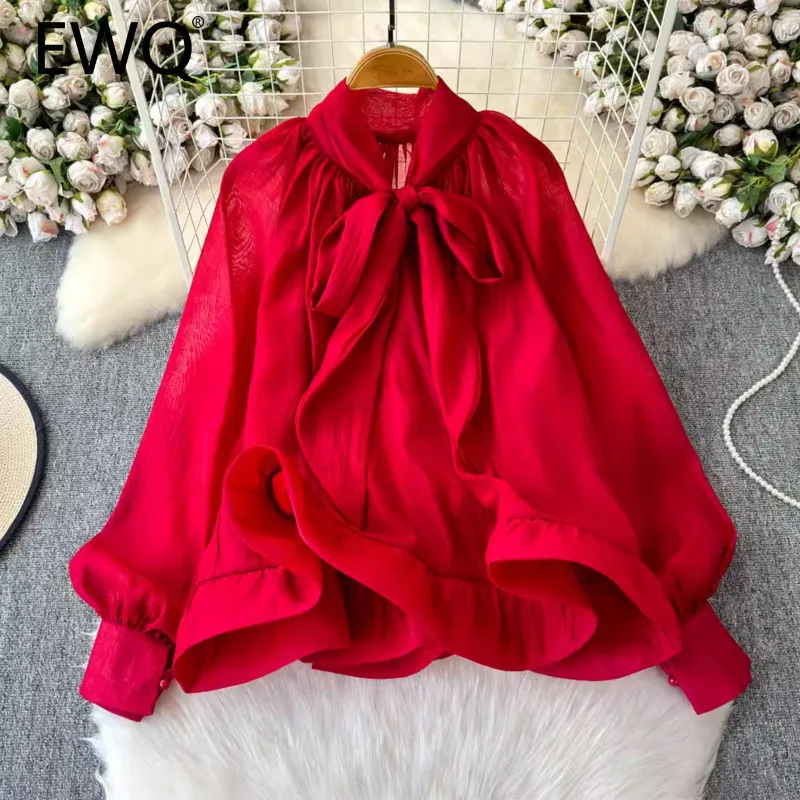 EWQ French Sweet Bow Lace-up Collor Spliced Ruffles Pullover Shirts Loose Chic Female Red Tops 2025 Spring New Fashion 27X2053