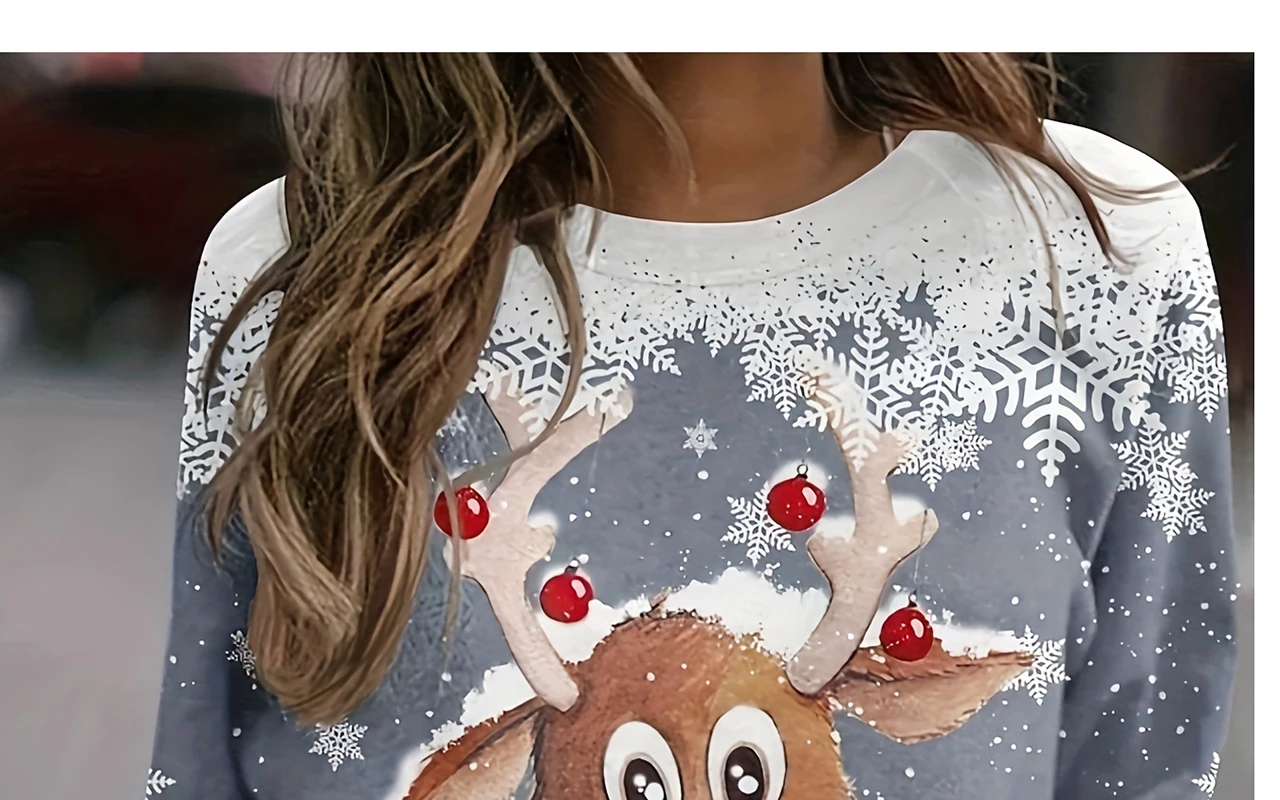 Christmas BearPrinted Women\'s T-shirt Vintage Style Sweater Cotton Long Sleeve Ladies Clothing Oversized Street Pullover