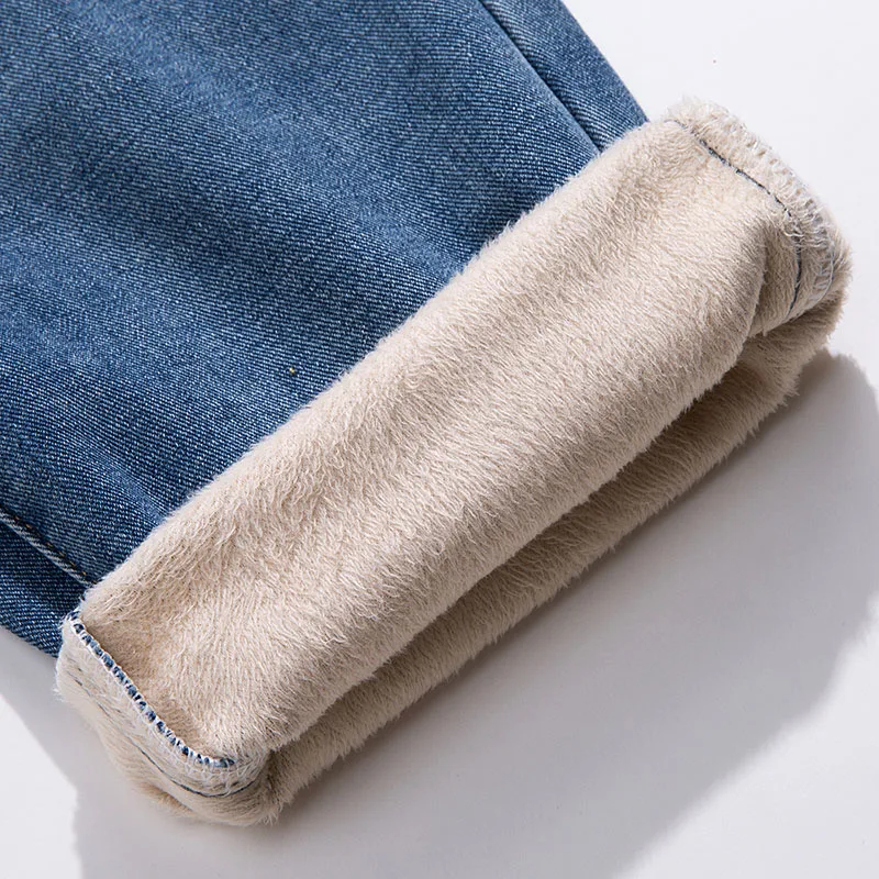 الكلاسيكية الرجال الشتاء سميكة الصوف الجينز الكورية الشارع الهيب هوب فضفاض الساخن المخملية مستقيم الساق واسعة الساق السراويل بناطيل تدفئة أزرق أسود #2