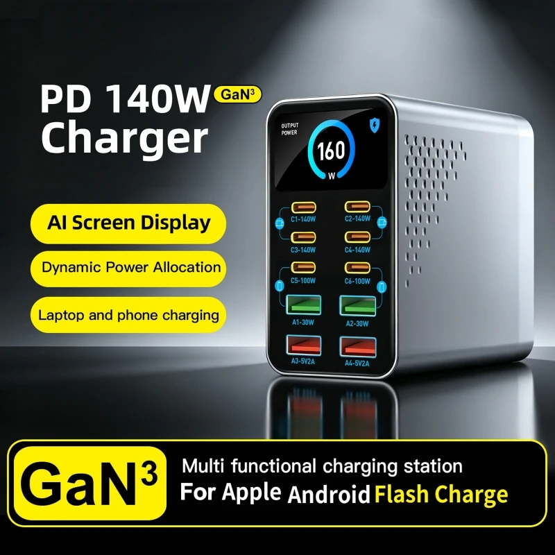 140W GaN Charger Digital Display Fast Charging Station 10 IN 1 Multi-port Charger USB Type C For Laptop Smartphone