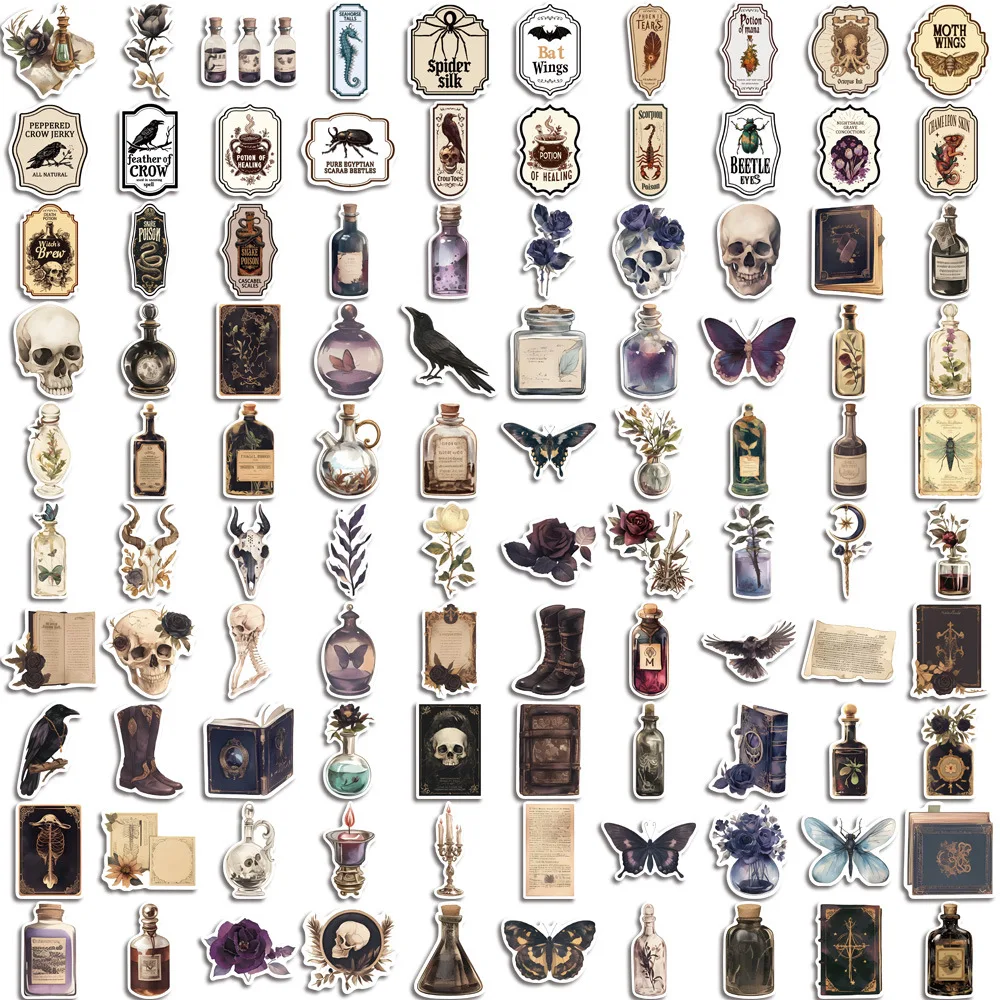 50/100Pcs Retro Horror Decals Dark Gothic Vintage Potion Bottle Labels Stickers for Suitcase Scrapbooking Laptop