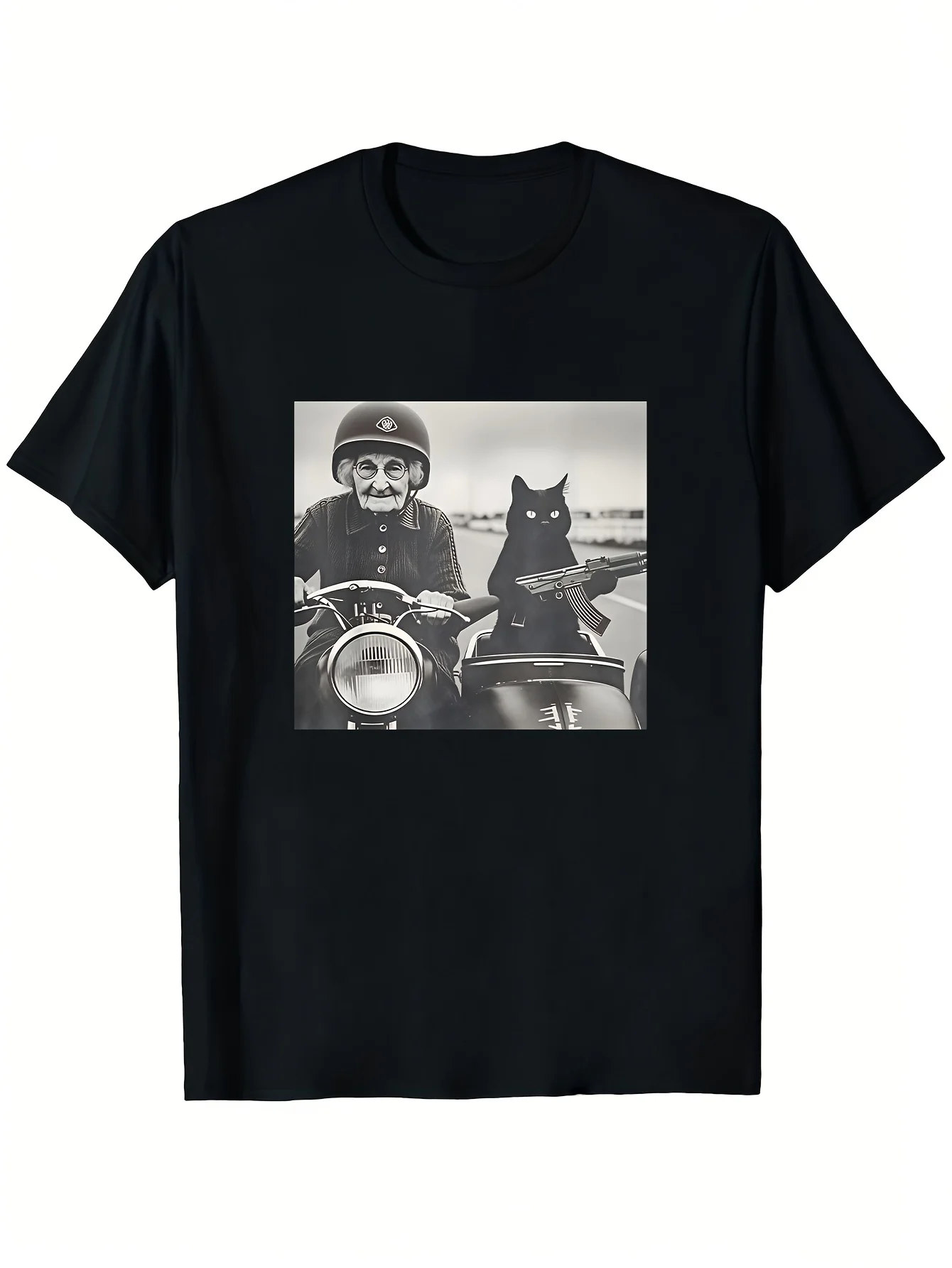 Grandma and Her Armed Cat Riding Vintage Motorcycle T-Shirt Unisex T-Shirt Funny Perfect for Home Outdoor Gifting Work